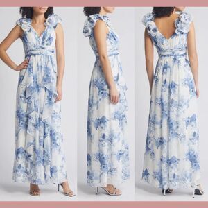 NWT $308 Eliza J [ 14 ] Floral Ruffle Strap Maxi Gown Blue White‎ #J586